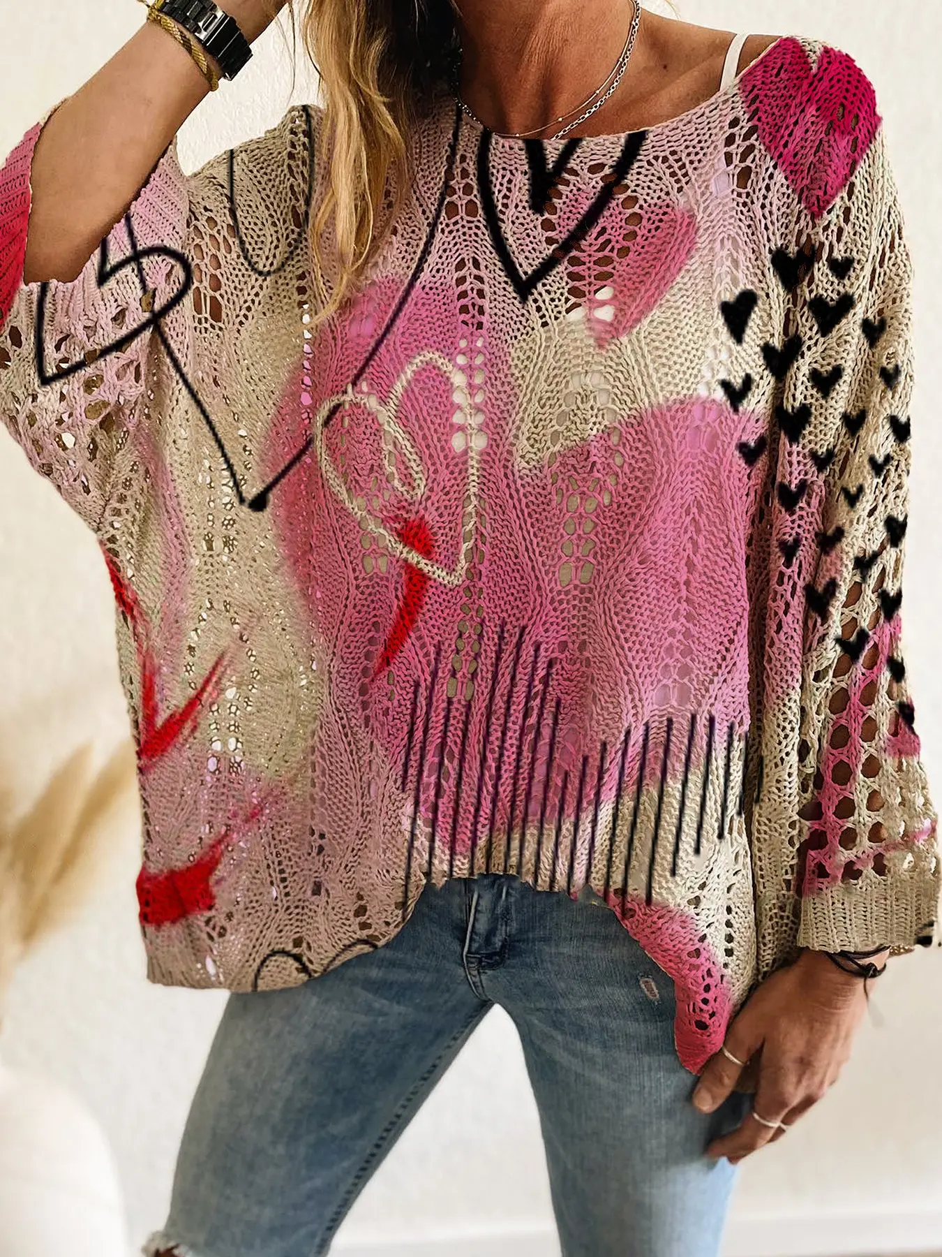 Women's Casual Knit Top, Heart Pattern Long Sleeve Sweater, Street Casual Jumper, Knitwear, Womenswear, Lady, Loose Fit Batwing Shoulder Design, Spring Summer Fashion, Knitted Casual Top