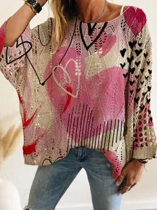 Women's Casual Knit Top, Heart Pattern Long Sleeve Sweater, Loose Fit Batwing Shoulder Design, Spring Summer Fashion