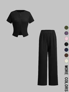 Women's Solid Ribbed Basic Crop Top & Wide Leg Pants Two-piece Set, Casual Fashion Cozy Fitted Top & Trousers for Daily Outdoor Wear, Ladies Clothes for All Seasons,Airport Outfit