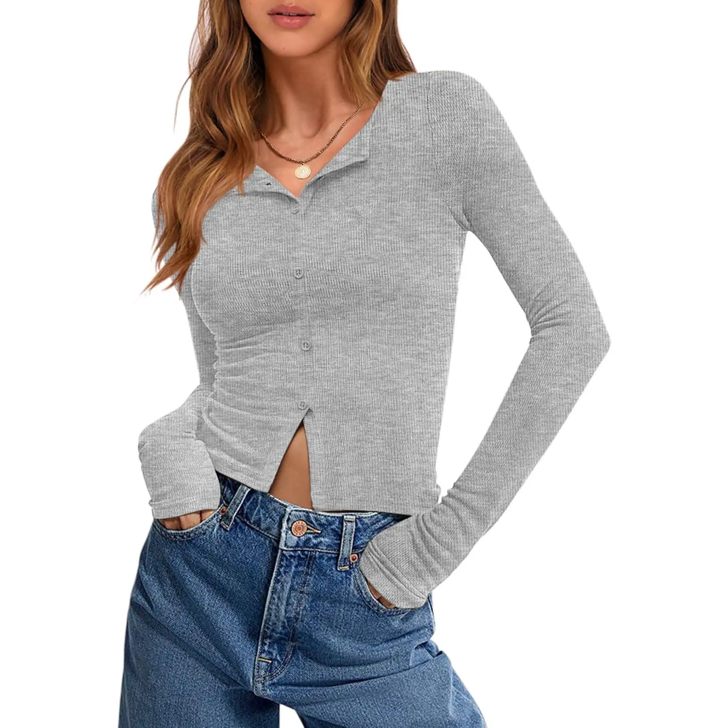 ANRABESS Women Long Sleeve Button Down Shirts Ribbed Knit Fitted Crop Tops 2026 Fall Y2K Smart Casual Trendy Outfits