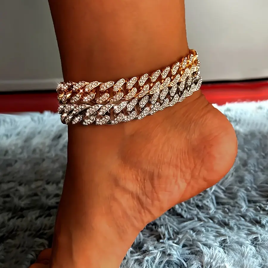 Luxury Unisex Hip-hop Punk Cuban Anklet Fashion Full Rhinestones Chain Ankle Bracelet Adjustable Exquisite Shiny Inlaid Anklet Personalized Golden/Silvery Cuban Foot Chain Vacation Travel Beach Bracelet Jewelry