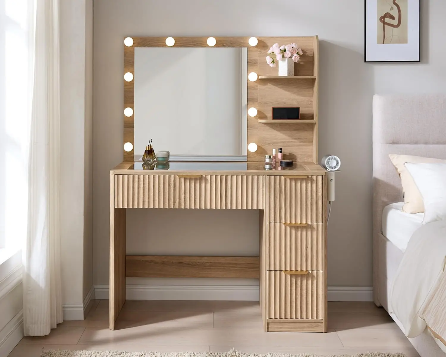 [Summerwins]AMERLIFE 36.2/47.2" Fluted Vanity Desk with Mirror and Adjustable LED Lights, Large 4/7 Drawers Makeup Table with Glass Top and Charging Station for Women and Girls,,Best Gift Ideas,Lighted Vanity Table