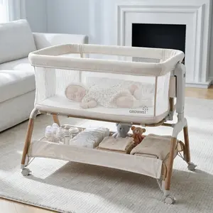GROWNSY 5-in-1 Baby Bassinet Bedside Sleeper with Gentle Rocking Mode, 6 Adjustable Heights, Full Breathable Mesh, Convertible to Portable Crib, Bassinets with Mattress & Wheels, Beige