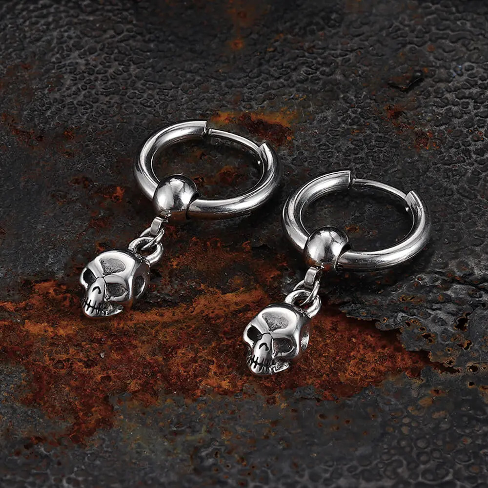 GTHIC 12mm Gothic Skull Stainless Steel Hoop Costume Earrings, Fashionable Goth Alt Accessories, Punk Everyday Wear Jewelry for Men, Fashionable Earrings