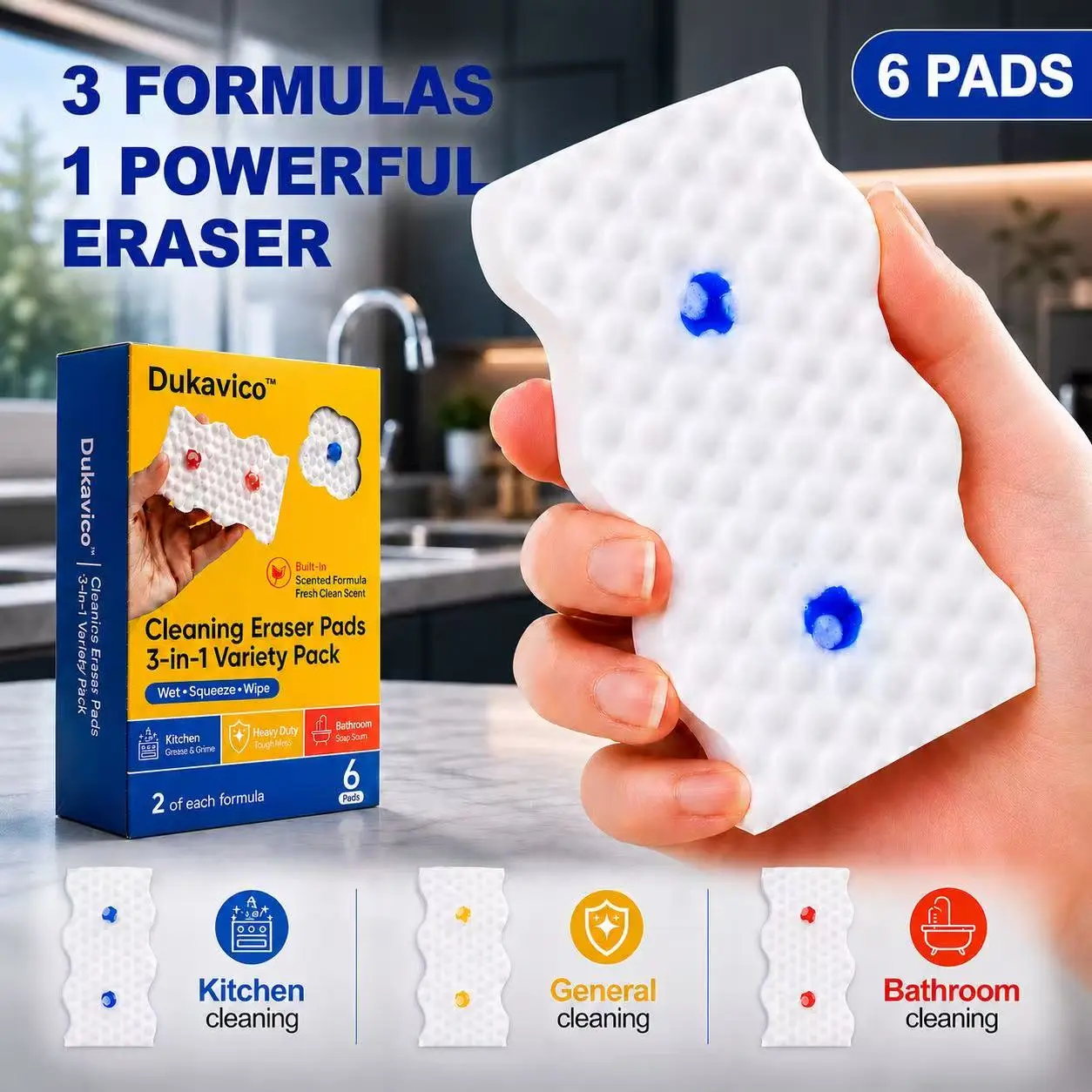 Dukavico Powerful Foam Magic Eraser Sponge Set, 3-Formula Melamine Cleaning Pads, Cleaner-Infused Dual-Sided Scrubbers, All-Purpose Sponge for Kitchen, Bathroom, Walls, Sink, Tile, Stove, Grease, Grime, Soap Scum & Home Essentials