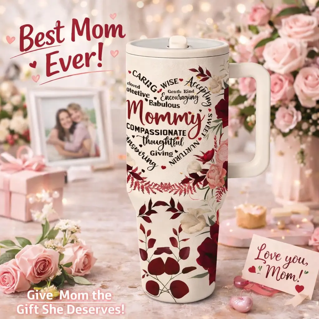 1 Pc insulated mug, 40oz thermal mug, vacuum cup double wall Flasks, Stainless Steel Flask, keeps hot 12h cold 24h, leak proof with handle, large capacity travel mug, mom floral design, mother's day gift for mom, coffee tea hot cold drinks
