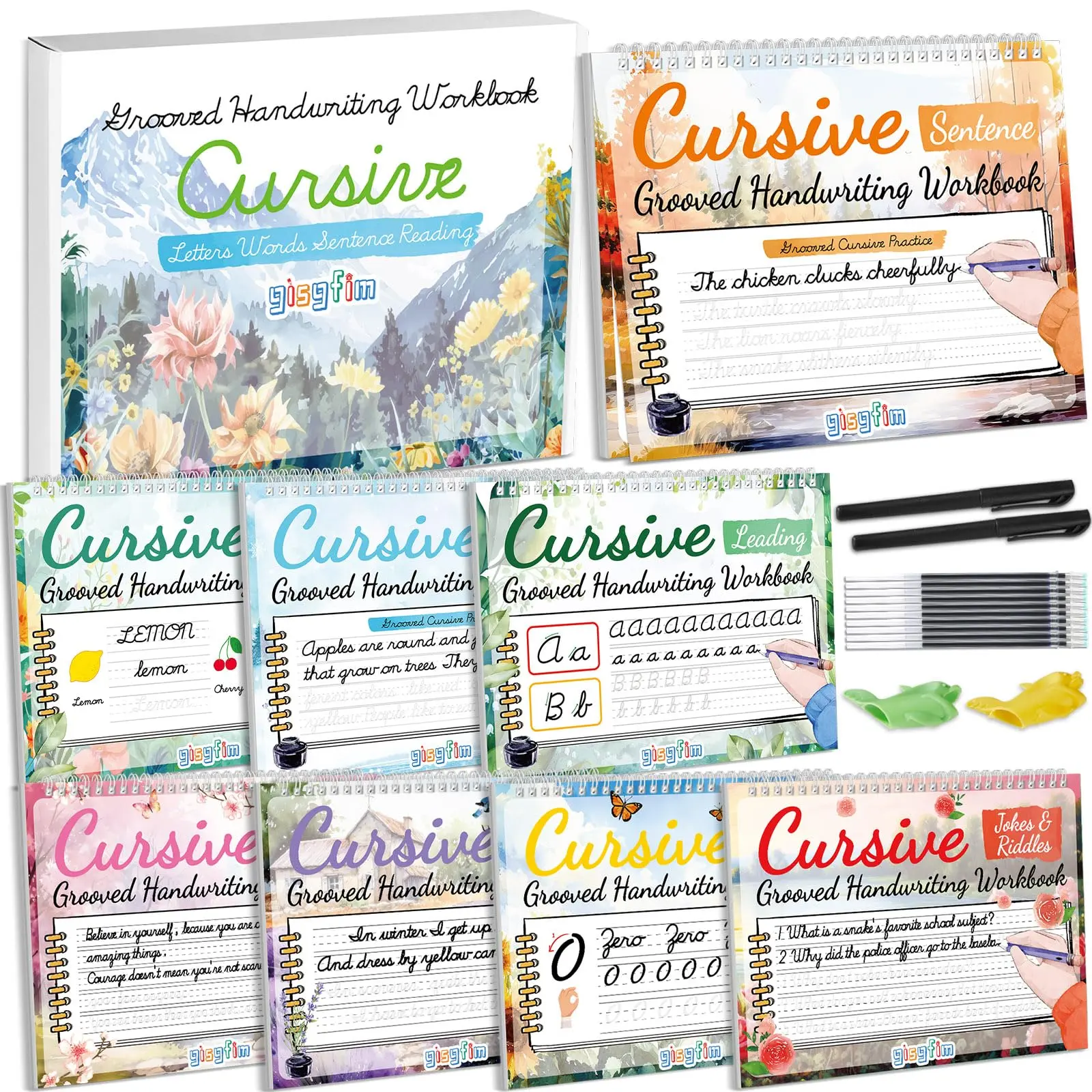 8-Pack Grooved Cursive Magic Copybooks Set with Disappearing Ink Pens, Reusable Handwriting Practice Kit for Kids Beginners, Includes Jokes, Poems, Magic Paper, Ideal for Homeschool Curriculum, Teens (School & Office Stationery)