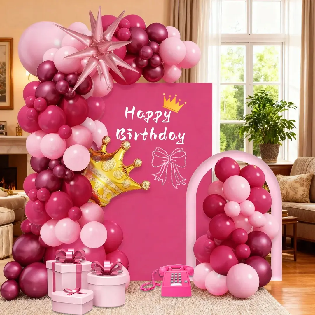111pcs Princess themed birthday balloon party decoration arch balloon chain set 22 inch pink explosive star gold crown with metal rose red pink balloons for girls' birthday parties, bachelor parties, anniversaries, Balloon Party Supplies