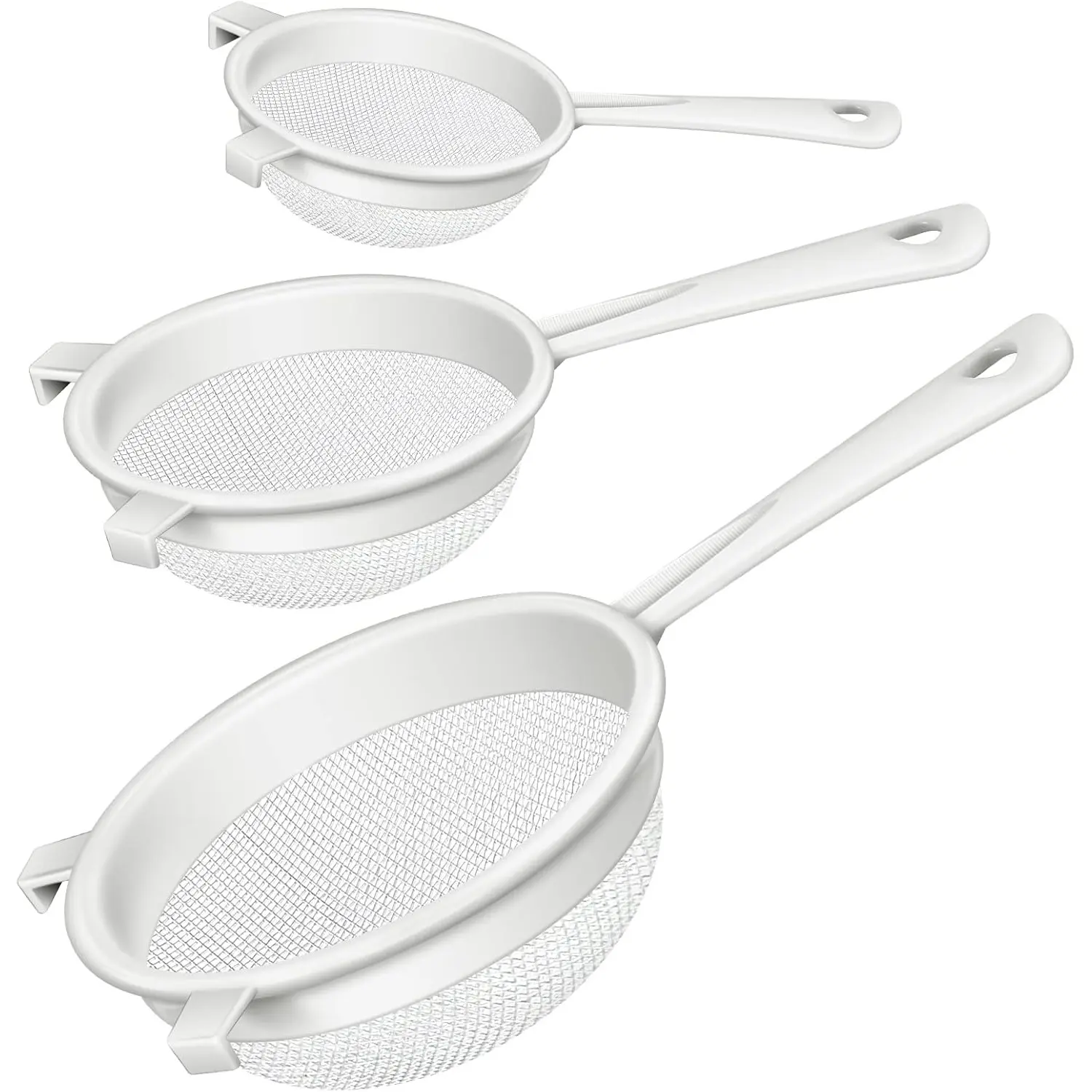 Portable 3-Pcs Sturdy Twill Design Lightweight But Sturdy Plastic Nylon Mesh Strainer Set with Handle - Double-Ear Fine Food Filters for Baking, Cooking - White Modern Kitchen Utensils for Restaurant Use