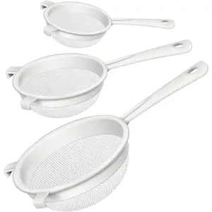 3 Pcs Plastic Nylon Mesh Strainer Colander with Handle Double Ear Fine Food Mesh Strainer Flour Sifter for Baking Kitchen Colander Sifter Kefir Tea Juice Pasta,White Utensils Cooking Modern
