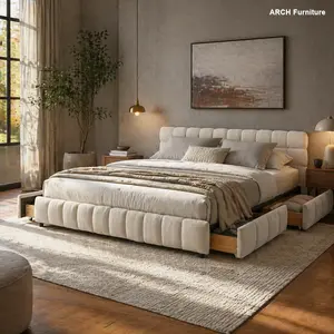 California King Size Upholstered Platform Bed Frame - Modern Chic Chenille Fabric, Included Headboard, Solid Structure, Storage Drawers, 90.5in x 80.5in x 31in, Assembly Required, Indoor Furniture, Upholstered Platform Bedframe