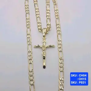 Christ on the Cross Pendant with Figaro Style Chain 24 & 18 Inches 5mm wide Laminated Gold Necklace Religious Symbolism Jewelry Unisex. SKU : CH04 ,CH15. SKU : PE01
