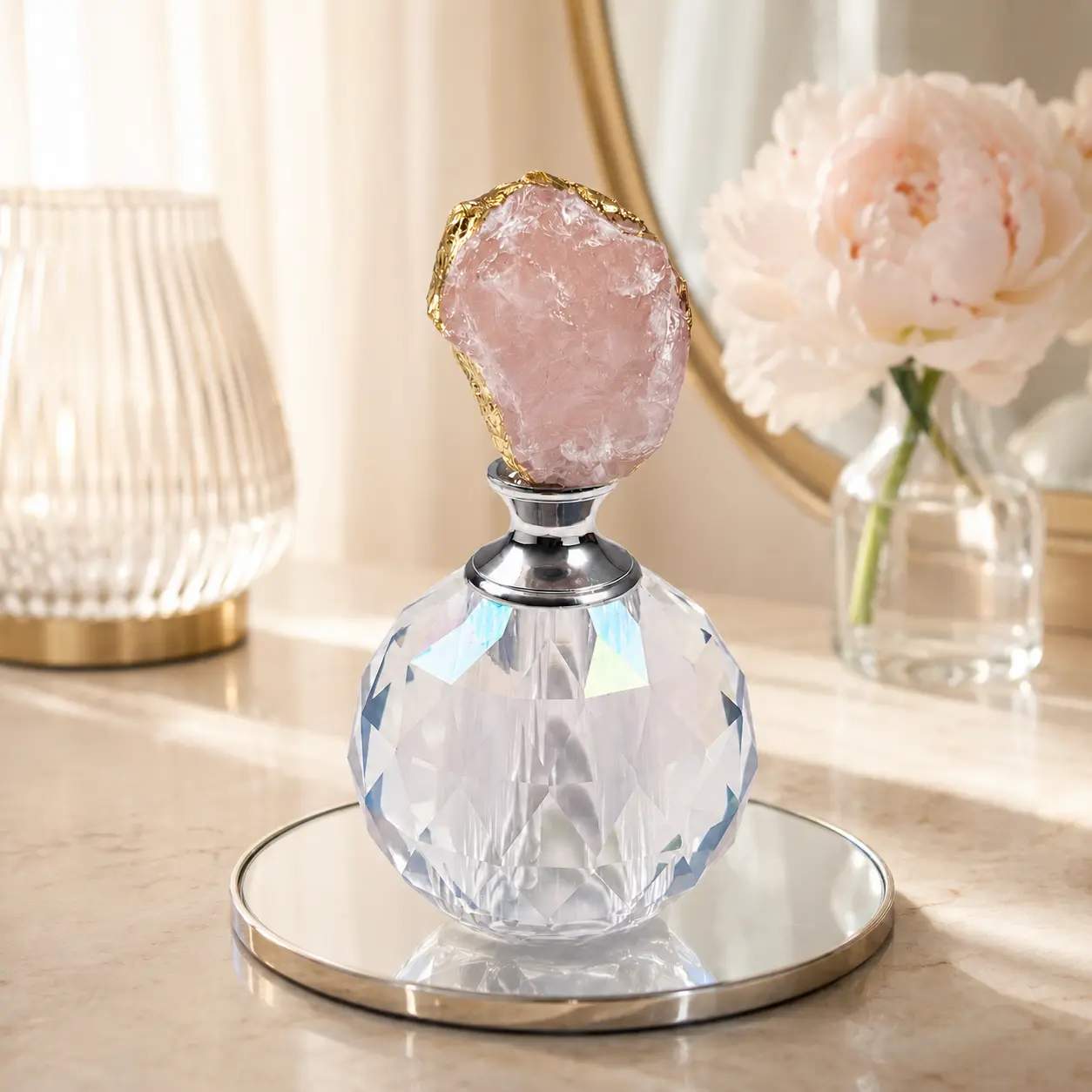 Refillable Crystal Perfume Bottle with Raw Rose Quartz Applicator Wand and Gift Box, Vintage Faceted Glass Empty Fragrance Dabber Bottle for Essential Oils Attar, Luxury Vanity Decor Gift for Women