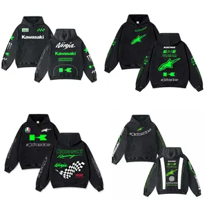 Retro Collections Kawasaki Racing Washed Hoodie MotorGP World Champion Enthusiast Apparel Streetwear Racing Team Super Motorsports Clothing Motobike Riders Supermotor Off-Road Dirt Bike Fan Gear Cotton Riding Motorcycle Jacket For Biker