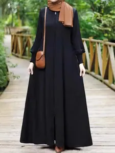 Fashion Women's Long Robe Dress with Zipper Pocket, Casual Loose-Fit Woven Fabric, All Seasons Wearable, Stylish Ladies' Clothing, Muslim Women Gowns, Modest Muslim Outfits