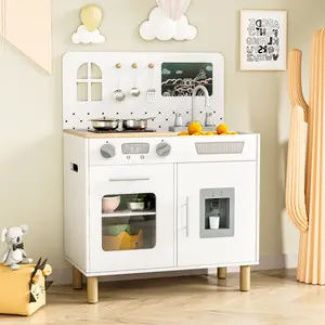 Arlopu Wooden Kids Play Kitchen Set with Real Lights & Sounds, Interactive Pretend Kitchen with Knob Sounds, Sink, Water Dispenser, 6 Pcs Cookware & Chalkboard Panel for Toddlers and Children