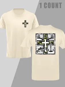 Southern Charm Fishing Shirt, Camo Cross Deer Antlers & Bass Print, Casual Round Neck Unisex Summer Top, Comfortable Fitted Design