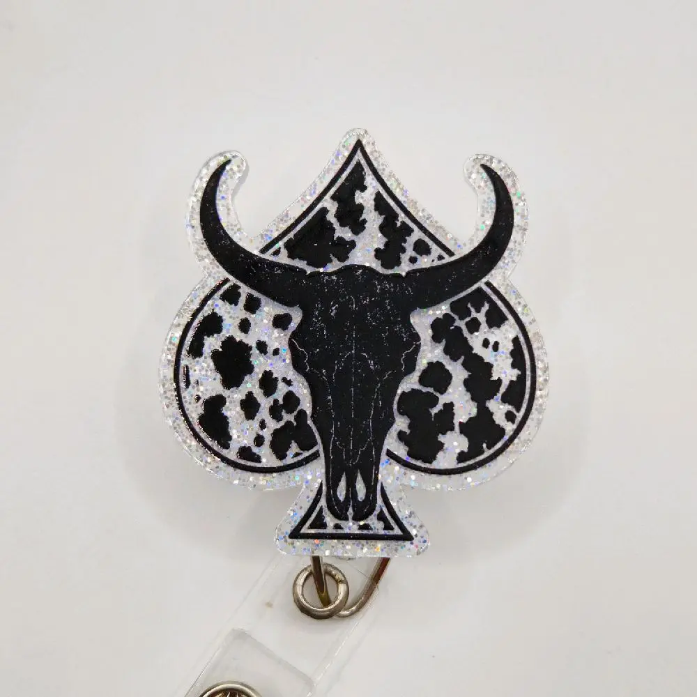Western Bull Skull Glitter Acrylic Retractable Badge ID Reel Belt or Alligator Clip creative badge holder