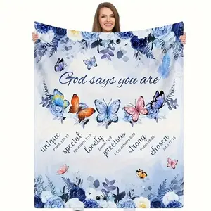 1Pc Ultra-Soft Plush Christian Throw Blanket For Women - Blue Rose & Butterfly Geometric Design With Bible Verses (Psalm 139:13, Ephesians 2:10) - All-Season Cozy Travel & Home Decor, Religious Gift For Birthday Christmas Thanksgiving, Spiritual Home Deco