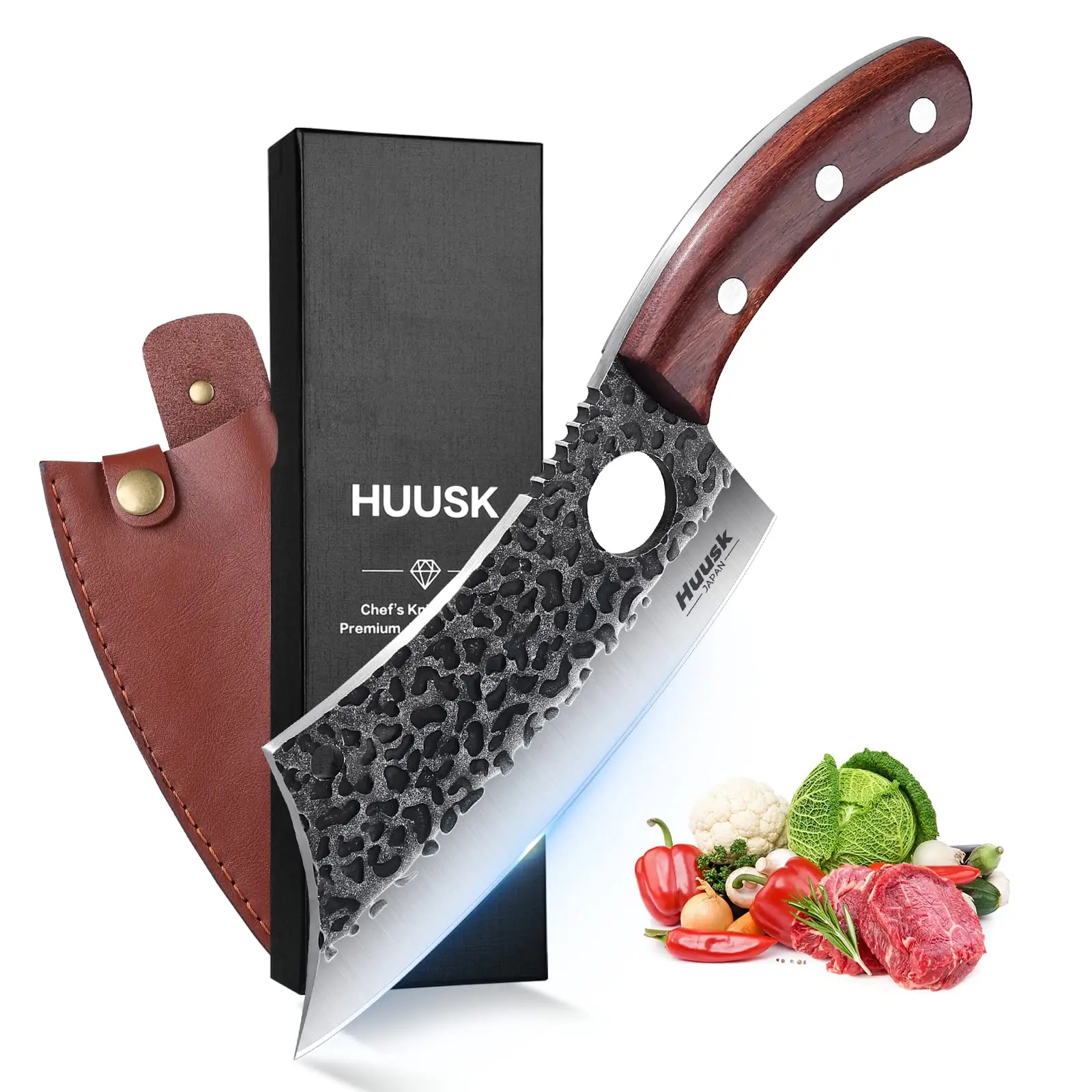 Huusk Viking Knives – Hand Forged Full Tang Meat Cleaver & Boning Knife for Cooking, BBQ, Camping – Premium Steel Blade, Wooden Handle, FallFreshness,