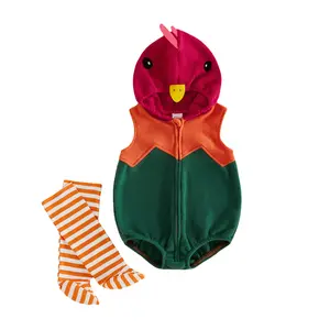Baby Thanksgiving Romper Hooded Zip Up Sleeveless Turkey Costume Jumpsuit and Striped Stockings for Cosplay and Party