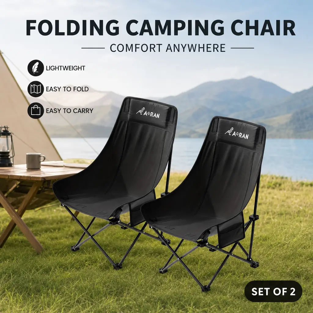 2PCS Camping Chair, High Back Folding Beach Chair,  Portable & Lightweight, Comfort-Driven Foldable Chair with Carry Bag for Camping, Hiking, Patio, Fishing, Support up to 300 lbs SummerVibes
