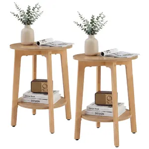 Round Side Table with Storage Shelf, Small Bedside Table 2 Tier Wooden End Table for Bedroom Living Room Small Space
