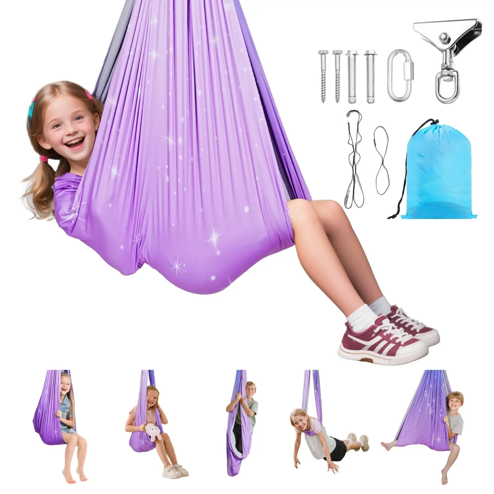 Double-Layer Fabric Sensory Swing Hammock For Indoor And Outdoor Use With 360° Swivel Hanger, O-Sling, Supports Up To 300 Lbs, Adjustable Aerial Yoga Ceiling Swing, Ideal For Kids And Therapy, Safe Vestibular Swing