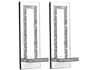 Crystal Crush Diamond Mirrored Wall Candle Sconces Set of 2 Silver Sparkle Hanging Decor for Living Room and Dining