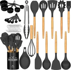 Silicone Kitchen Cooking Utensils Set, 33 PACKS Non-Stick Utensils Spatula Set with Holder, Black Wooden Handle Silicone Kitchen Gadgets