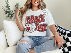 Game Day Volleyball Shirt, Red Faux Sequin Leopard Design