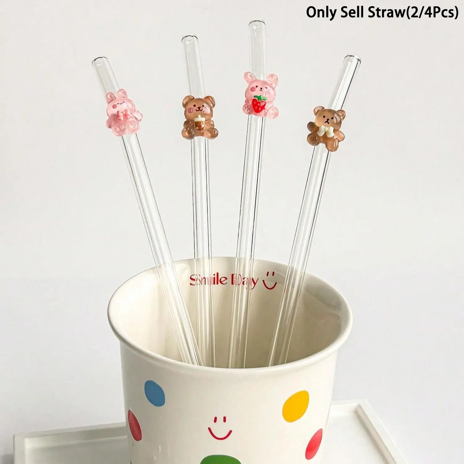 2/4Pcs  Cartoon Bear & Rabbit Design Glass Straw, 1 Set Reusable Straws Cute Glass Straw with Cleaning Brush, Straw Combo, Drinking Straw for Home Kitchen Party, Glass Straw Drinkware