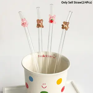 2/4Pcs  Cartoon Bear & Rabbit Design Glass Straw, 1 Set Reusable Cute Glass Straw with Cleaning Brush, Straw Combo, Drinking Straw for Home Kitchen Party, Glass Straw Drinkware