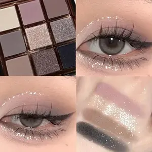 9-color eyeshadow palette - a blend of smoky grey, brown and pink tones, mousse eyeshadow, matte and shimmery finishes, fine Shimmery glitter, low saturation all-in-one palette with matte earthy tones, fine powder texture that doesn't fly off