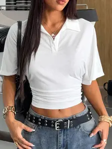Mia Casual Polo Neck Ruched Short Sleeve Top, New Summer Streetwear White Waist Slim Fitting Cropped T-shirt, Hot Girl Style Women's Wear