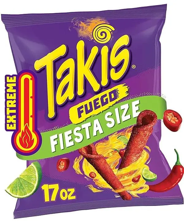 Takis Fuego Rolled Tortilla Chips, Hot Chili Pepper & Lime Flavor, Party Size Corn Chips Snack, Crunchy, 17 oz Bag
