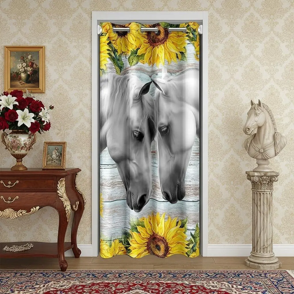 Farmhouse Horse Blackout Curtain,Retro Wooden Stripes Doorway Curtain Modern Door Drape Kitchen Restaurant,Sunflower Rustic Plant Door Curtain