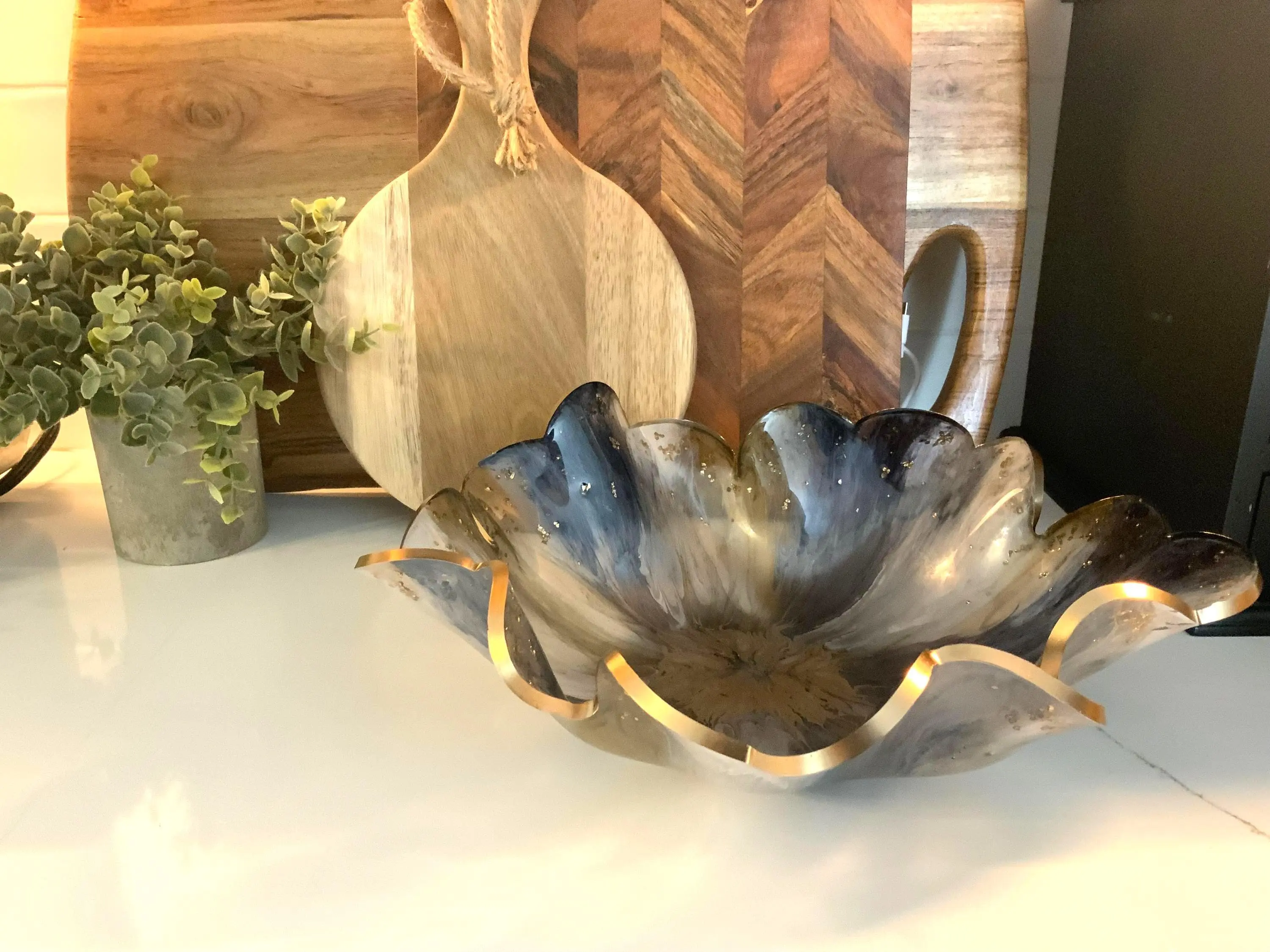 Glamorous Resin-Brass Decorative Tableware Bowl - 11¾” Dia., Sparkle Rim Accents, Swirls, 1-of-a-Kind Fruit Display Bowl, Gift-Ready Kitchenware