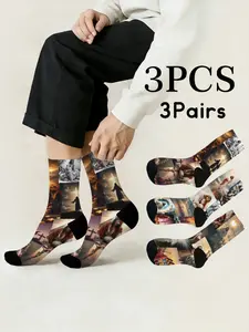 3 Pairs Jesus Christ Religious Art Pattern Mid-Calf Socks Harajuku Fashion Casual Comfortable Breathable Unisex Home Sports Outdoor Travel Holiday Party Celebration Crew Socks Gift