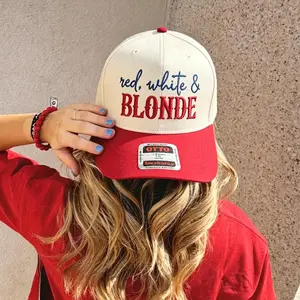 Women's Red White Blonde Embroidered Trucker Hat Vintage Patriotic Baseball Cap Adjustable Snapback Summer Hat 4th of July Cute Gift for Her