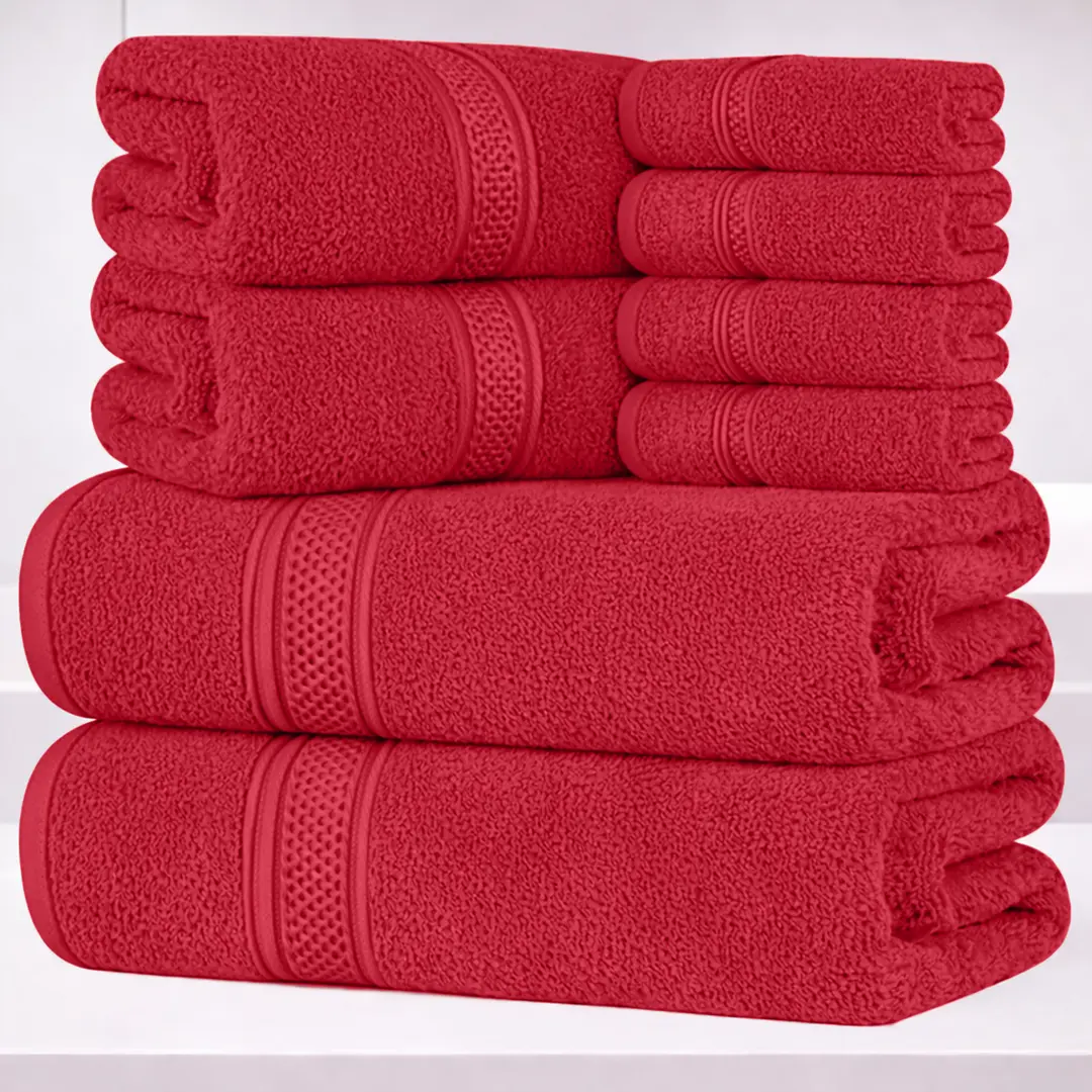 Unisex 8-Piece Luxury Hotel-Quality Red Turkish Cotton Bath Towel Set for Adult Unisex Users, 100% Thick Breathable Water-Absorbent Cotton, 2x27x54in Bath Linens, 2x16x27in Hand Towels, 4x12x12in Washcloths, for Home Bathrooms, Thoughtful Mom Gift