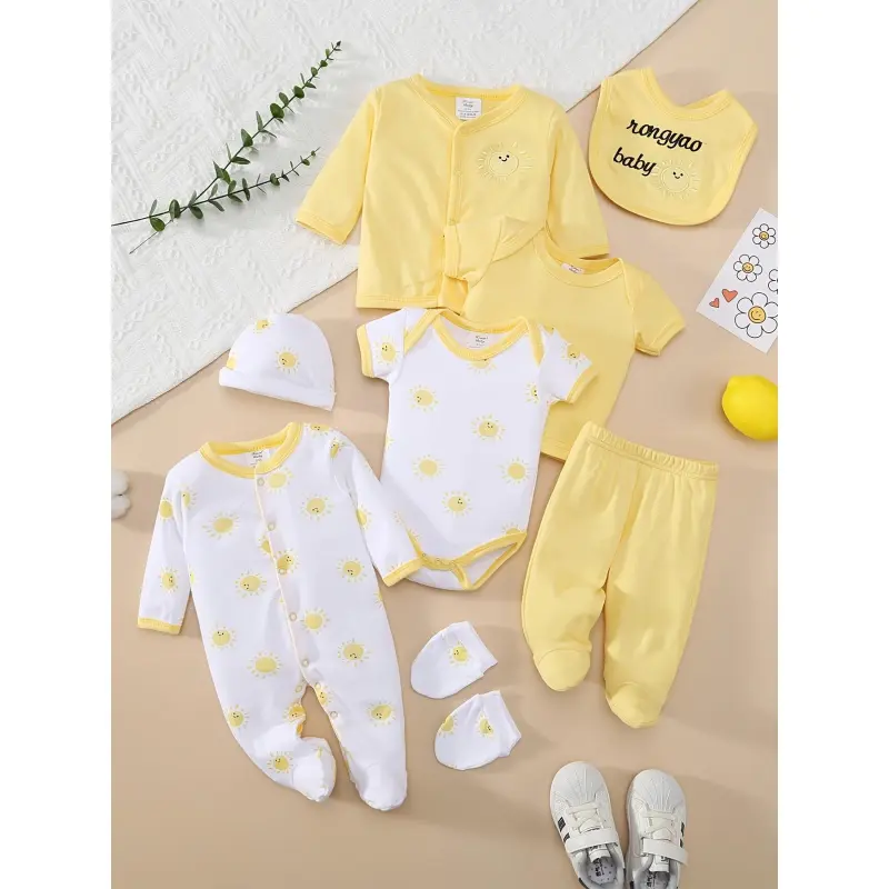 Baby Girl 8pcs Spring-Summer Baby Clothing Gift Set (0-3m) - Soft Sun Print Romper, Hat, Bib, Socks, Pants, Jacket, Tank Tops, 3pcs Outfit for Outdoor Use