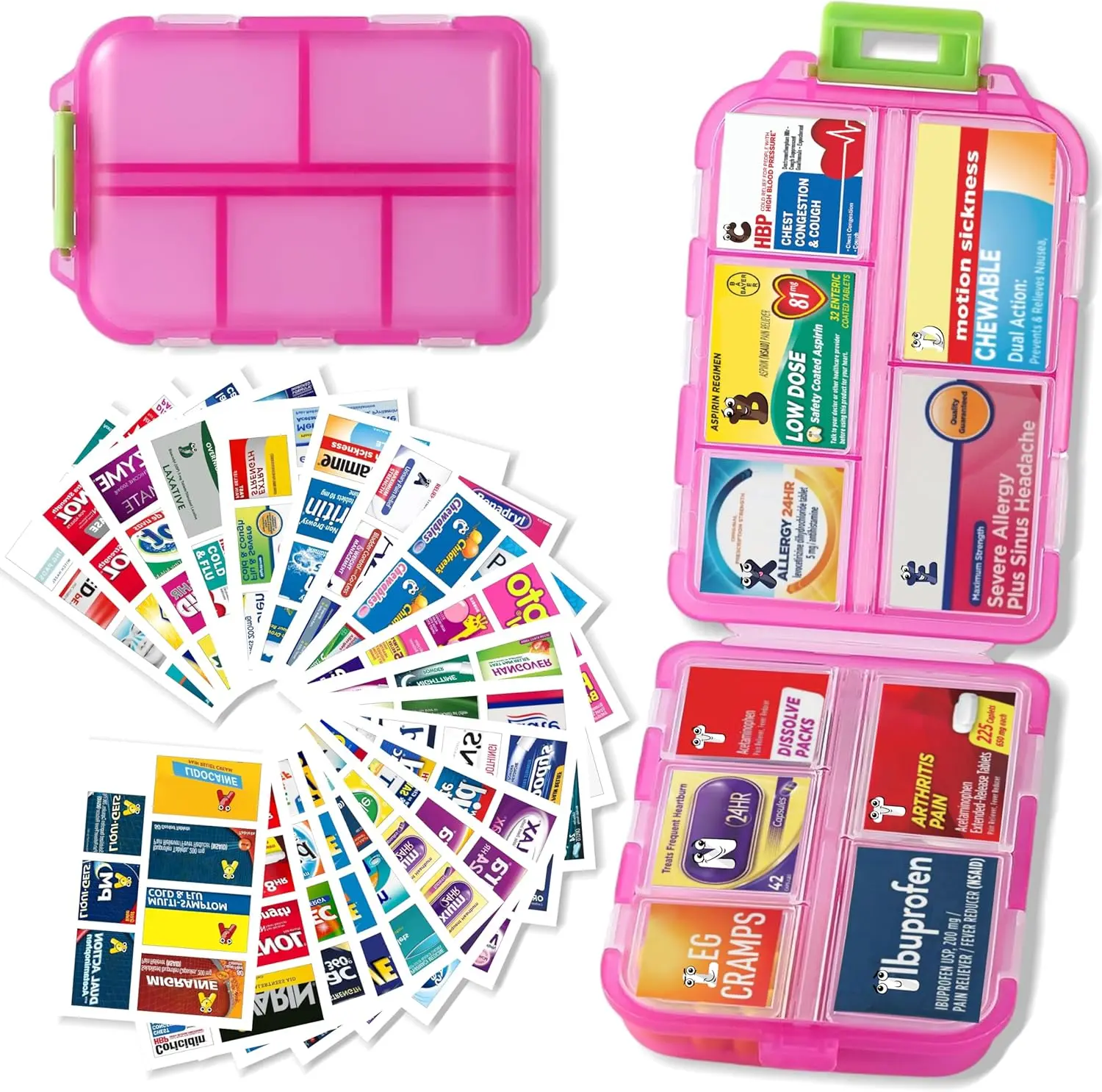 Pill Organizer with 161 Medicine Labels, Daily Travel Pill Case (Pink) | Compact 10-compartment pill case and pill box with 161 medicine labels for 7-day planning, vitamins, supplements, and travel