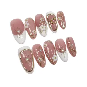 Hailey's almond shape french tips with flowers luxury acrylic handmade press on nails