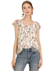 INSPIRE CHIC Chiffon Ruffle Sleeve Top Layered Vintage Ditsy Floral Blouse