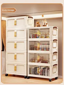 Foldable plastic storage cabinet with doors and wheels, suitable for large-capacity stacked storage in bedrooms, living rooms, and kitchens—high-quality, space-saving design, easy to assemble, magnetic closure, transparent doors