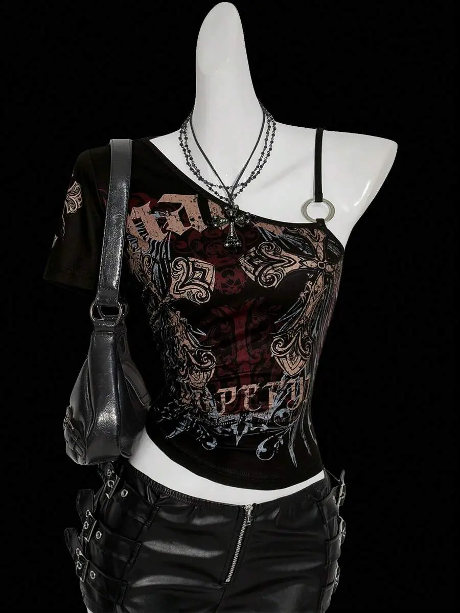 ICON Y2k Women's Fall/Winter Goth Gothic Grunge Rock Cross Print Asymmetric Collar Top  Gothic Women Clothes Punk Tops Buckle Top