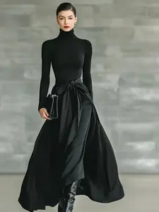 Elegant High Neck Long Sleeve Dress, Slim Fit Belted Maxi Dress, Fashionable Formal Chic Party Wear, Company Year-End Gala, Sophisticated Style, Womenswear