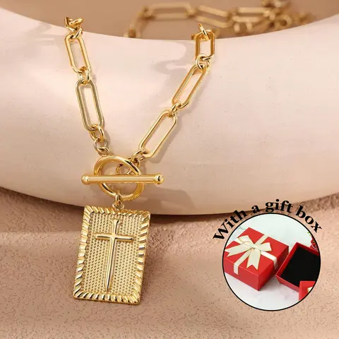 Women's Cross Necklace - Thick Chunky Paperclip-Cuban Link Long Metal Coated Choker, Bling Stylish Accessory, Christian Faith Style Gift, Hip Hop Fashion Jewelry, Unisex Daily Wear Costume Jewelry