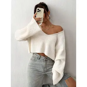 Casual Solid Color V-Neck Drop Shoulder Cropped Ribbed Knit Sweater